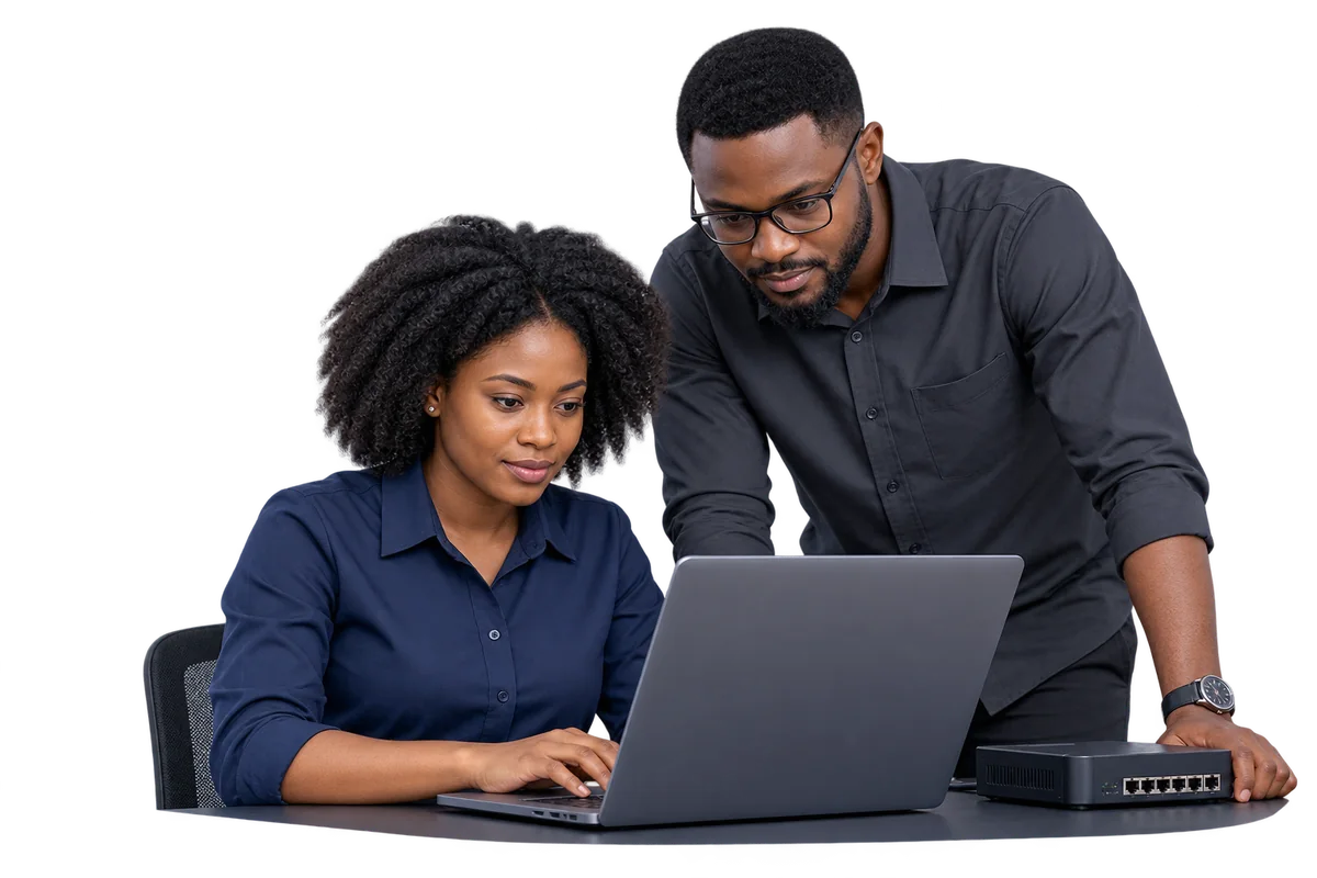 Two technology professionals reviewing a laptop beside networking equipment
