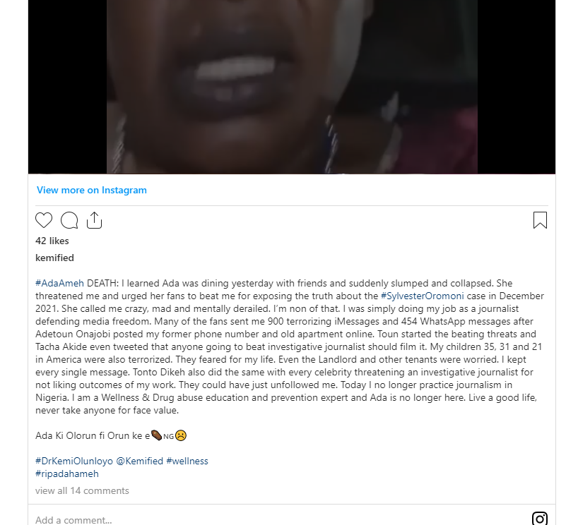 Self-acclaimed investigative journalist, Kemi Olunloyo revisits beef with late actress, Ada Ameh 2 Screenshot of Kemi Olunloyo's post