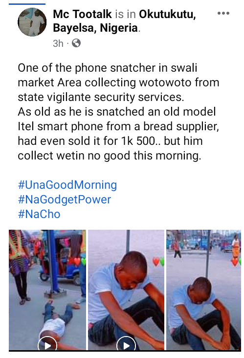 Suspected phone thief publicly flogged in Bayelsa 3 Suspected phone snatcher publicly flogged in Bayelsa