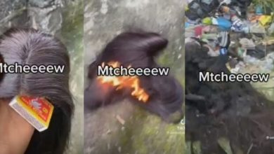 Lady sets ablaze the cheap wig her boyfriend bought for her