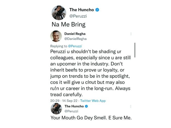 Singer Peruzzi slams Twitter personality, Daniel Regha, for calling him an ''upcoming artiste'' 2 Screenshot of Peruzzi and Daniel Regha's tweet